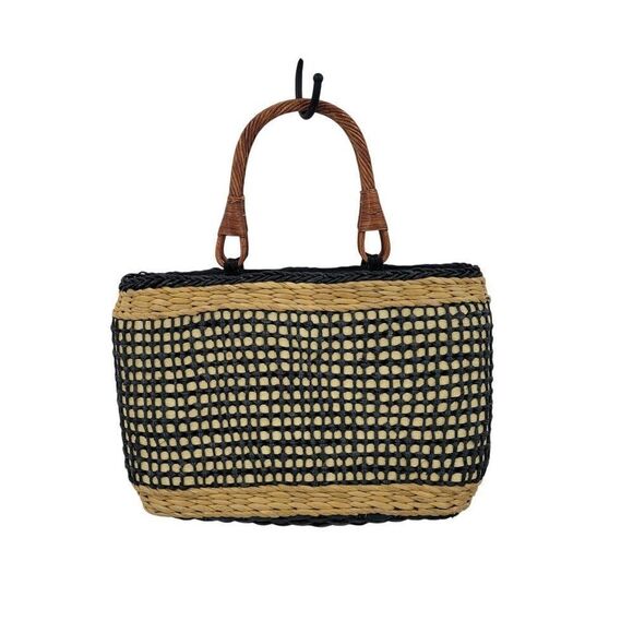 The Sak Woven Straw Rattan Basket Tote Bag Black Neutral Checkered Top Handle - Picture 8 of 8